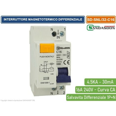 SANDASDON INTERRUTTORE MAGNETOTERMICO DIFFERENZIALE SALVAVITA PER BARRA DIN  2 MODULI 1P+N 25A C25 240V 30mA 4.5KA