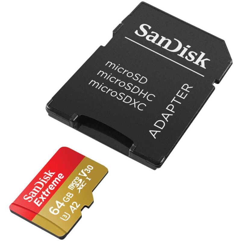 SanDisk Extreme microSDXC - Carte mémoire 64 Go A2 V30 UHS-I U3 170/80 Mo/avec adaptateur