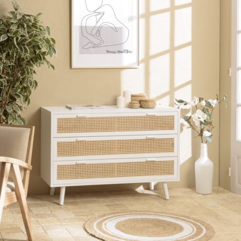 SANDRO - Commode blanche 3 tiroirs cannage naturel et bois blanc
