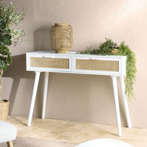 SANDRO - Console blanche 2 tiroirs cannage naturel et bois blanc