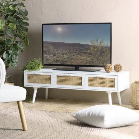 SANDRO - Meuble TV blanc 3 tiroirs cannage naturel et bois blanc