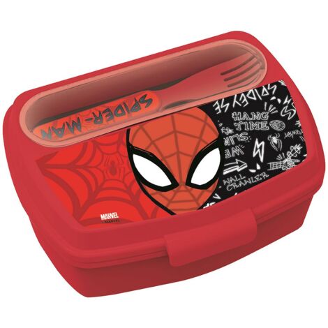 Sandwich box in plastica bimbi Marvel Spiderman, senza BPA, con forchetta e cucchiaio, lavabile e riutilizzabile