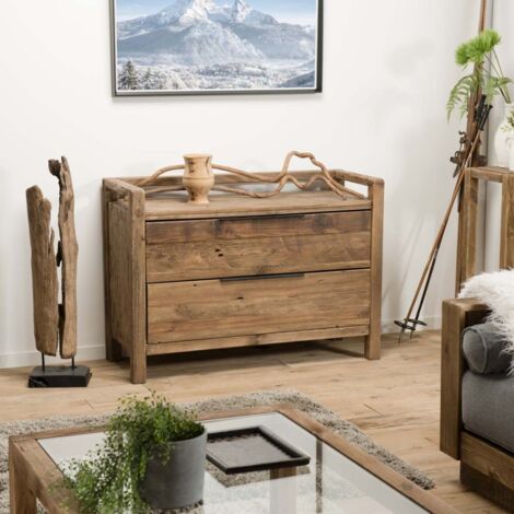SANDY - Commode marron 2 tiroirs bois Pin recyclé poignées métal noir