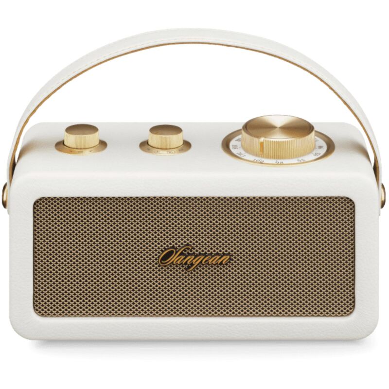 RA-101 Ivory Gold.Enceinte portable au design rétro deen bois et cuir synthétique. Bluetooth 5.0. Autonomie de 19 heures avec une charge complète.