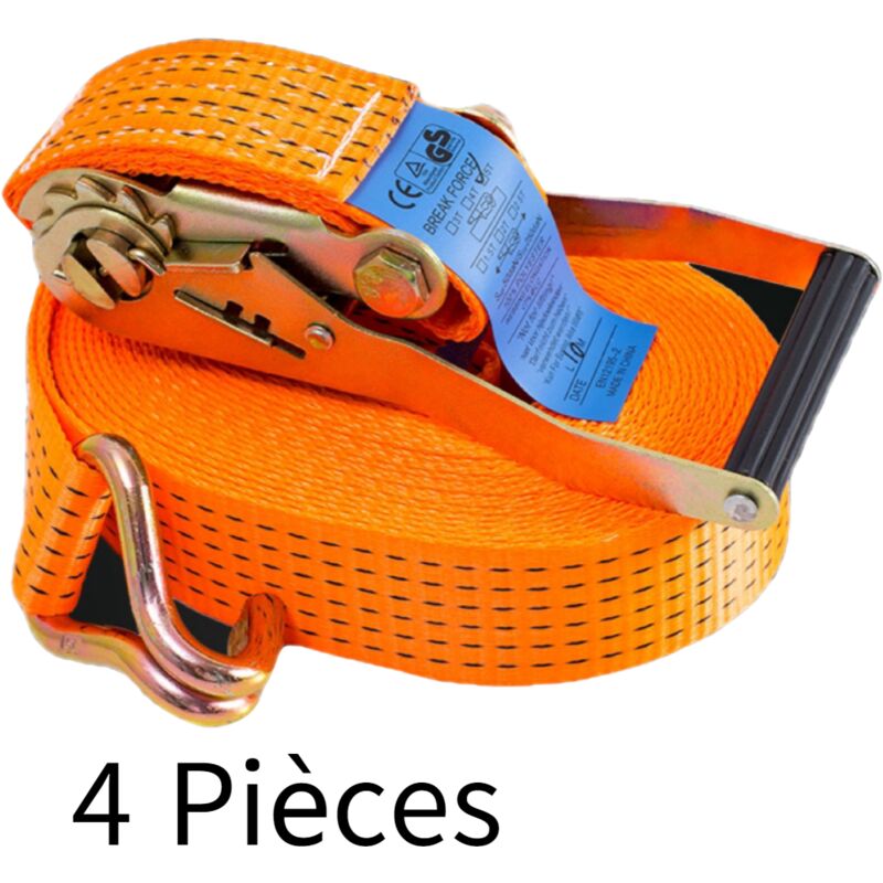 Sangle à Cliquet 6m 2000kg 35mm - Lot de 4 - Sangles D'arrimage avec Crochet Securises pour Moto Remorque, Quad, Camion - Conforme à la Norme DIN en