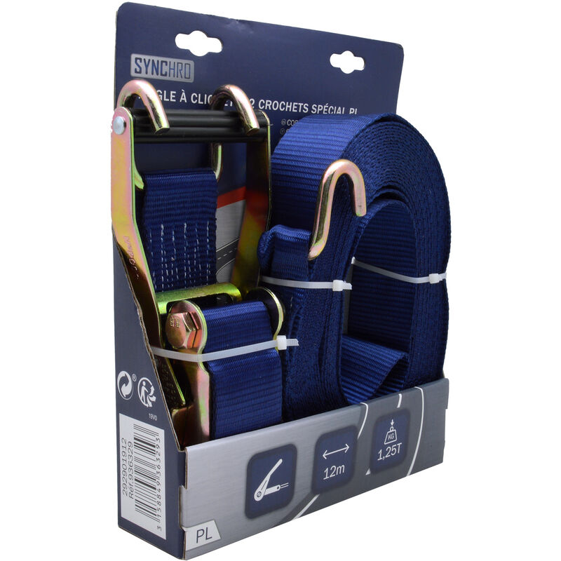 Synchro - Sangle à cliquet + 2 crochets 12m spécial pl - 936329 - Ce produit de marque synchro est neuf.