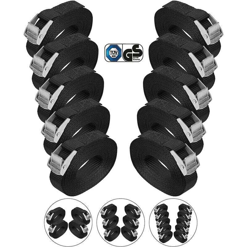 Sangle à griffe sangle d'arrimage Sangle de fixation - Noir - charge maximale 250 kg , Pièces:Paquet de 10 pièces 2.5 cm x 6 m,