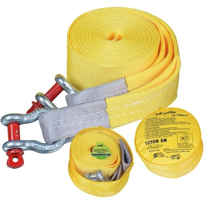 Sangle de Remorquage avec Sangle de remorquage 6 mètres 10 tonnes - Sac de rangement et 2 crochets en U inclus - Extrémité de boucle renforcée pour