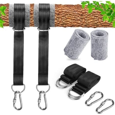 Sangle Hamac, 2 x 150 cm Sangle Balancoire Arbre avec Mousquetons et Anneaux en D, 2 Protection d'arbre, Fixation Hamac Attache pour Camping Balancoire de Jardin Hamac, Max 550kg