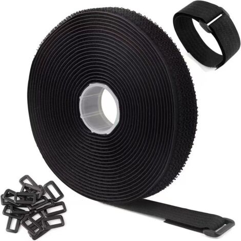 Sangle Velcro noire, 5 cm de large et 5 m de long, avec 25 attaches auto-adhésives en plastique.