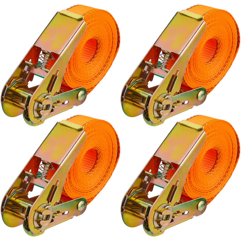 Sangles d'arrimage Relaxdays avec cliquet, 4 pièces, 5 m, 500 kg, sécurité de chargement voiture, remorque, orange