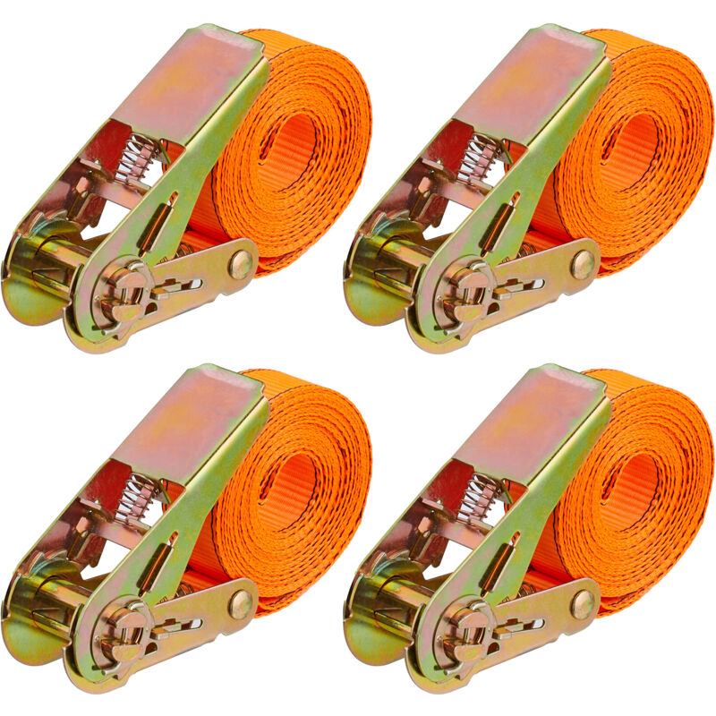 Sangles d'arrimage Relaxdays avec cliquet, 4 pièces, 4 m, 500 kg, fixation chargement voiture, remorque, orange
