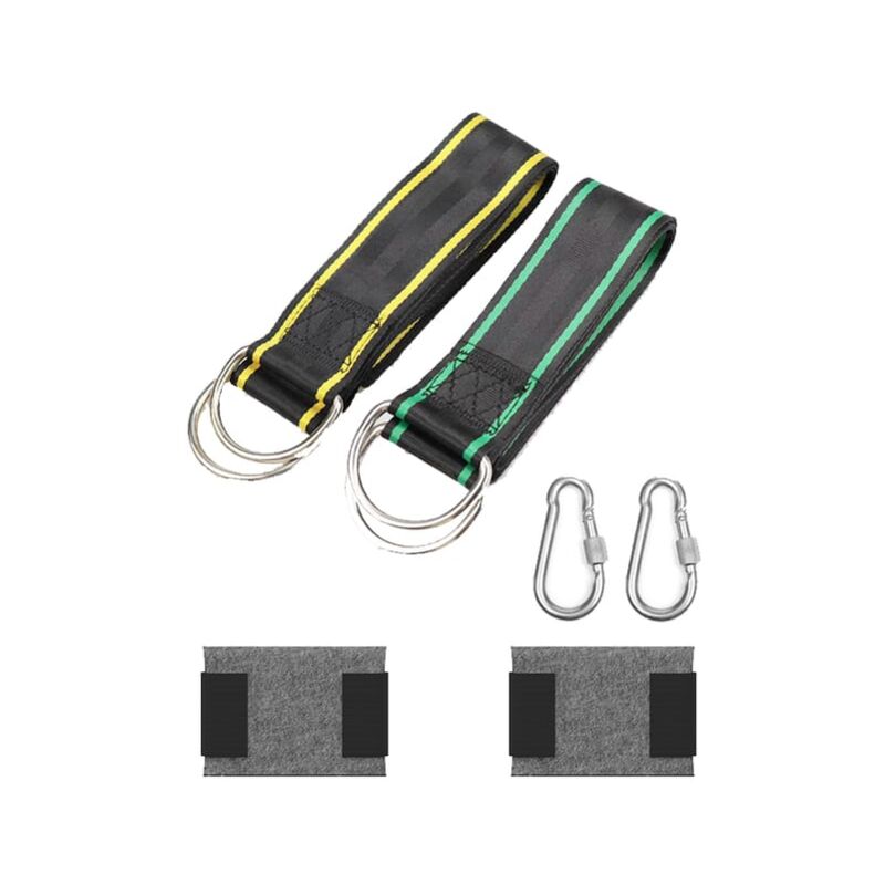 Sangles de balançoire extérieure, une sangle rayée verte et jaune de 1,5 m (avec deux boucles à écrou de 8 mm) et deux protège-arbres