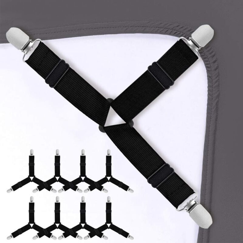 Sangles de support de drap de lit, 8 pcs Attaches de drap de lit Clips d'angle de matelas à bretelles élastiques triangulaires réglables avec pinces