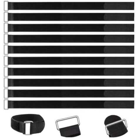 Sangles Scratch Velcr 50cm，Lot de 10 50cm Réutilisables - Attaches Câble en Nylon Noir Boucle Métal Flexible Serre Cable Auto-agrippant pour Gestion Câbles et Fixation
