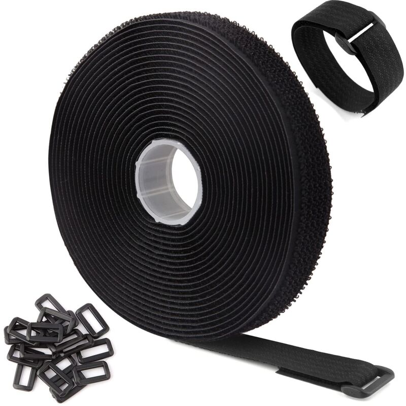 Sangles/Attaches de Câble Réutilisables Réglables Noires de 5m Avec 25 Boucles et Sangle de Fixation à Crochet Pour la Gestion des Câbles (5m x 2cm,