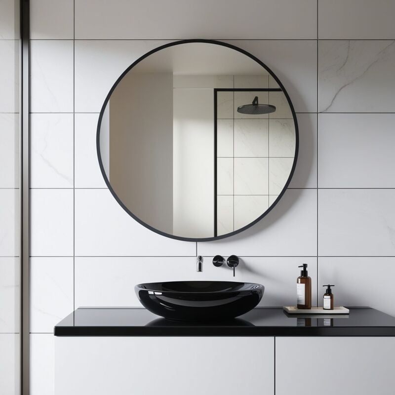 Miroir rond avec contour en aluminium noir mat diamètre 80 cm design minimaliste - Saniland