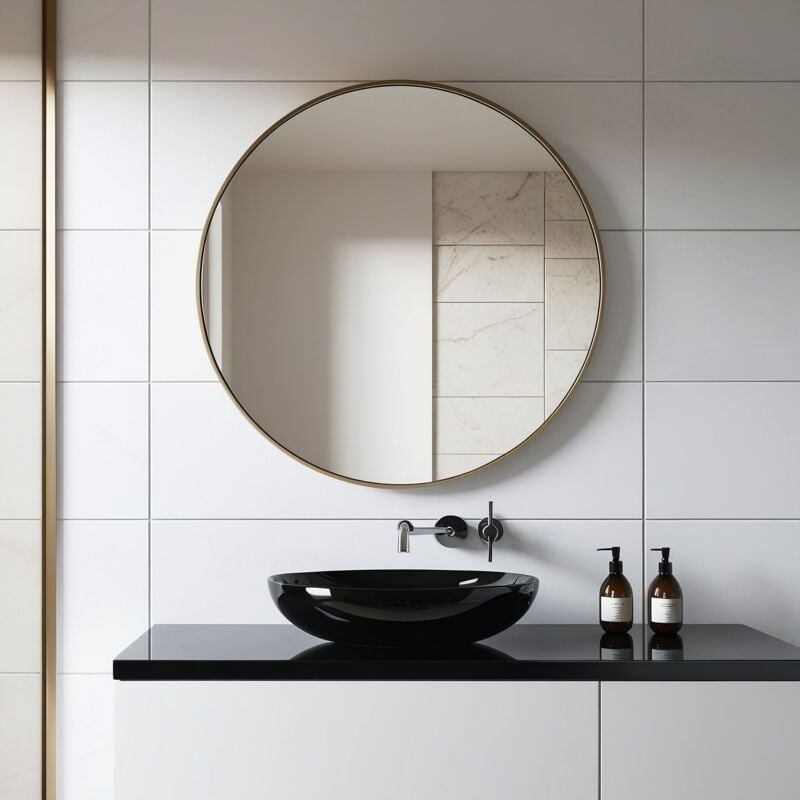 Miroir rond avec contour en aluminium doré diamètre 80 cm design minimaliste - Saniland