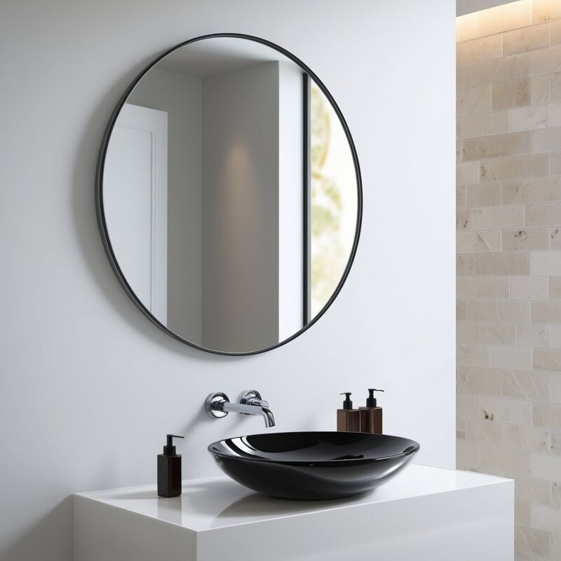 Miroir rond avec contour en aluminium noir mat diamètre 70 cm design minimaliste - Saniland