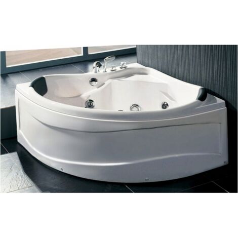 Sanitaire – Baignoire d'angle balnéo 130x130 cm – 6 hydrojets laiton chromé – Chromothérapie multi-couleurs – Cadre métal nickelé