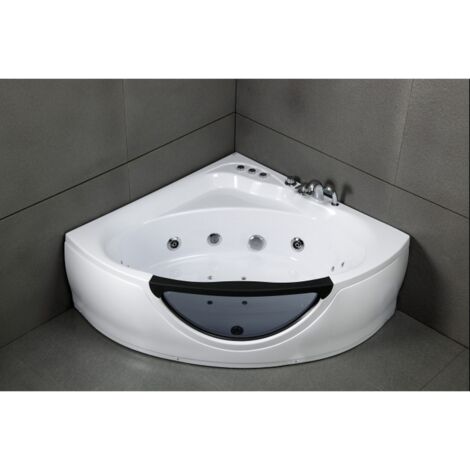 Sanitaire – Baignoire d'angle balnéo 135x135cm – 6 hydrojets – Acrylique avec hublot en verre – Chromothérapie 7 couleurs – Pompe 750W