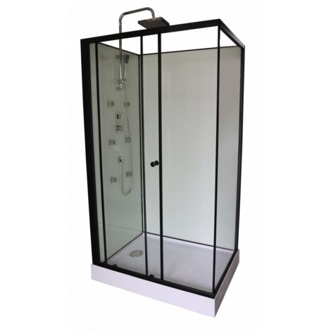 Sanitaire – Cabine de douche rectangulaire 80x110 cm – Aluminium laqué noir mat – Verre securit 5 mm – Douche hydromassante 6 buses – Installation réversible
