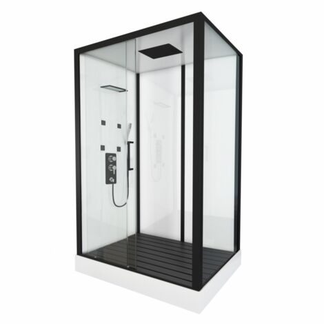 Sanitaire – Cabine de douche rectangulaire STREET XXL 85x140 cm – Aluminium laqué noir mat – Porte coulissante en verre trempé – Douche de tête intégrée
