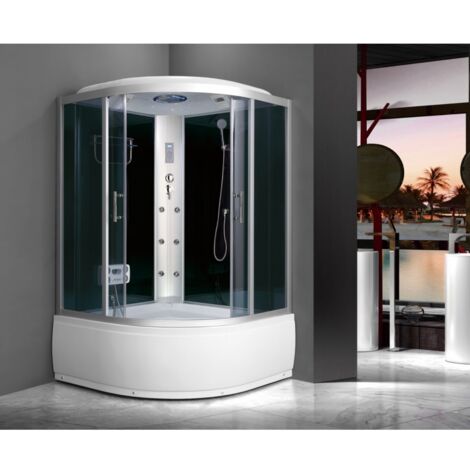 Sanitaire – Combiné bain-douche avec hydromassage – Dimensions L130 x l130 x H215 cm – Verre noir 5 mm – Portes coulissantes – Éclairage intégré