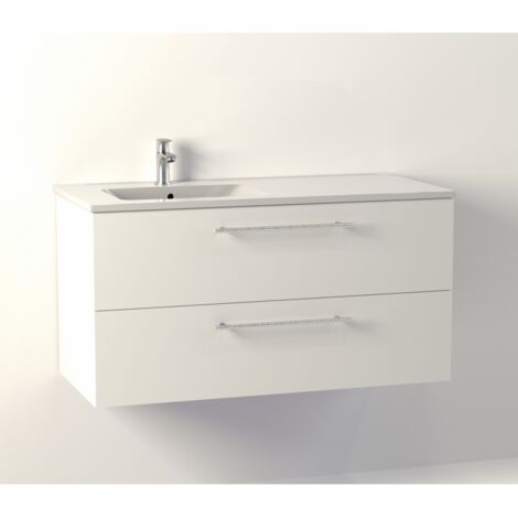 Sanitaire – Meuble de salle de bain NEPTUNE blanc brillant 100 cm – Vasque décentrée à gauche – 2 tiroirs avec ralentisseurs – Corps en PPSM