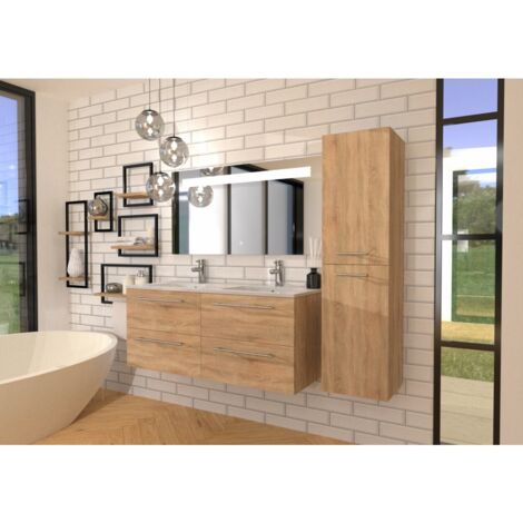 Sanitaire – Meuble de salle de bain NEPTUNE en bois clair 120 cm – Miroir éclairant KATHY 120x60 cm avec système antibuée – 4 tiroirs avec ralentisseurs