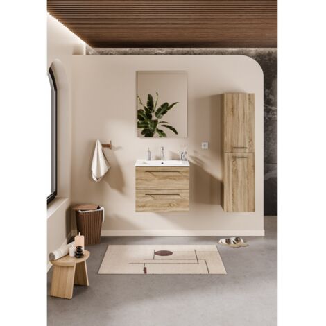 Sanitaire – Meuble de salle de bain NEPTUNE en bois clair 60 cm – Miroir slim – Plan vasque en céramique – Dimensions L600 x H510 x P458 mm