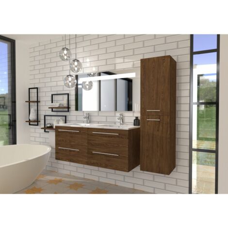 Sanitaire – Meuble de salle de bain NEPTUNE Héritage Chêne 120 cm – Miroir antibuée 120x60 cm avec interrupteur tactile – Plan double vasque céramique