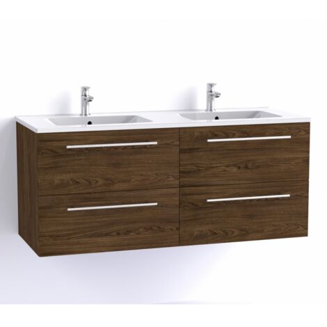 Sanitaire – Meuble de salle de bain double vasque 120cm en chêne Héritage – Installation suspendue – 4 tiroirs avec ralentisseurs – Plan en céramique blanc