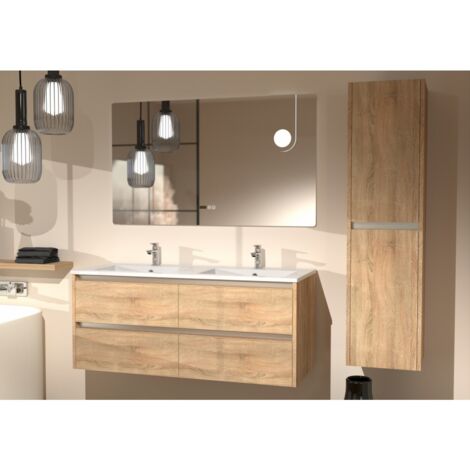 Sanitaire – Meuble double vasque 120cm en bois clair avec miroir LED antibuée ELEGANCE – 4 tiroirs avec rails coulissants – Résistant à l'humidité