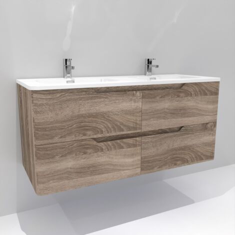 Sanitaire – Meuble double vasque 120cm en bois foncé – 4 tiroirs avec fermeture amortie – Plan vasque en résine synthétique blanc brillant