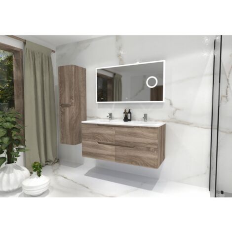 Sanitaire – Meuble double vasque 120cm en bois foncé avec miroir éclairage intégré – 4 tiroirs – Plan vasque en résine synthétique – Salle de bain moderne