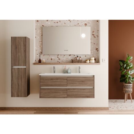 Sanitaire – Meuble double vasque 120cm en bois foncé – Miroir LED antibuée ELEGANCE – 4 tiroirs avec rails coulissants – Résistant à l'humidité