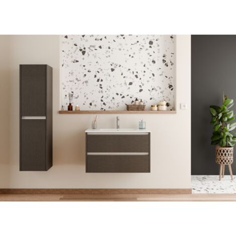 Sanitaire – Meuble double vasque 80 cm tissé gris – 2 tiroirs avec rails coulissants – Plan vasque céramique blanc brillant – Mélaminé aspect lin