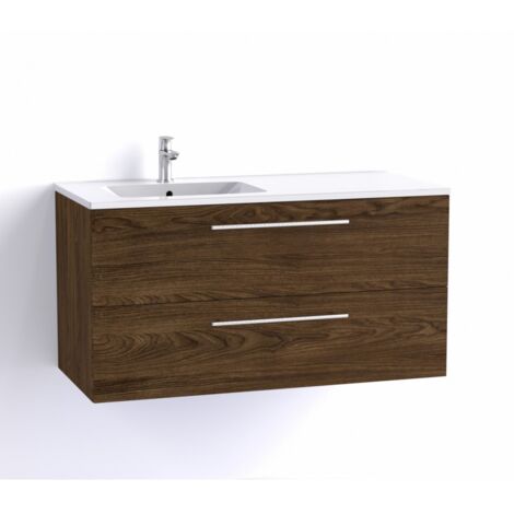 Sanitaire – Meuble double vasque suspendu 100 cm chêne – Vasque céramique blanche décentrée – 2 tiroirs avec ralentisseurs – Poignées chrome brossé
