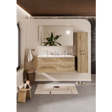 Sanitaire – Meuble double vasque en bois clair 120cm – Miroir LED antibuée ELEGANCE – 4 tiroirs avec ralentisseurs – Design moderne et fonctionnel