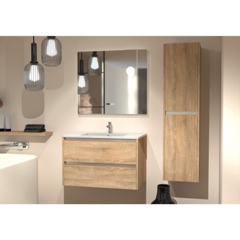 Sanitaire – Meuble vasque Jupiter 3.0 bois clair 80cm – Miroir LED antibuée ELEGANCE – Tiroirs soft closing – Panneaux mélaminés 18mm