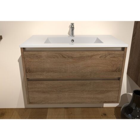 Sanitaire – Meuble sous vasque JUPITER 3.0 en bois foncé 80 cm – 2 tiroirs avec rails coulissants – Plan vasque céramique blanc brillant