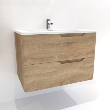 Sanitaire – Meuble vasque simple 80 cm en bois clair – 2 tiroirs avec fermeture amortie – Plan vasque en résine synthétique blanc brillant