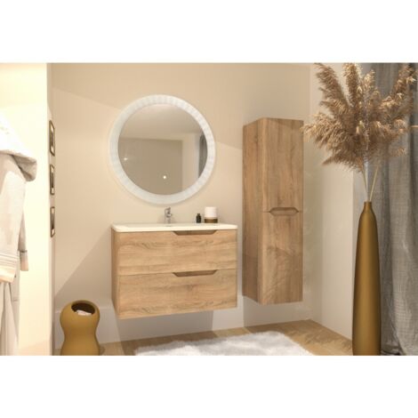 Sanitaire – Meuble vasque simple 80cm en bois clair – Miroir rond 80cm avec rétro-éclairage LED – 2 tiroirs avec fermeture amortie