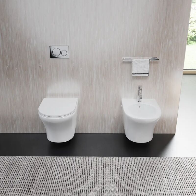 Sanitaire suspendu sans rebord en céramique blanc brillant avec wc, bidet et couvercles Soft-close Mod. Nassau