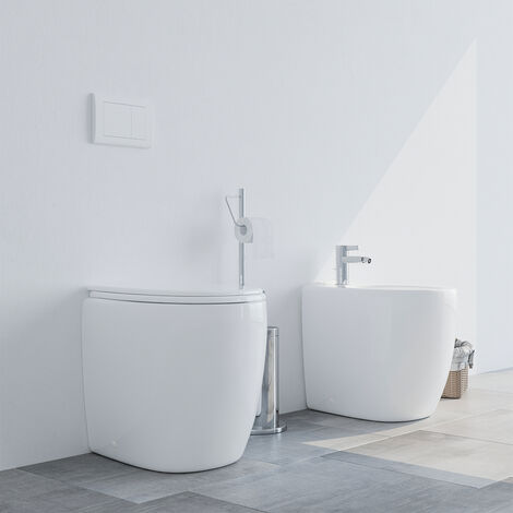 Sanitari bagno Bidet e Vaso WC filomuro RIMLESS a terra in ceramica con sedile coprivaso softclose MODENA