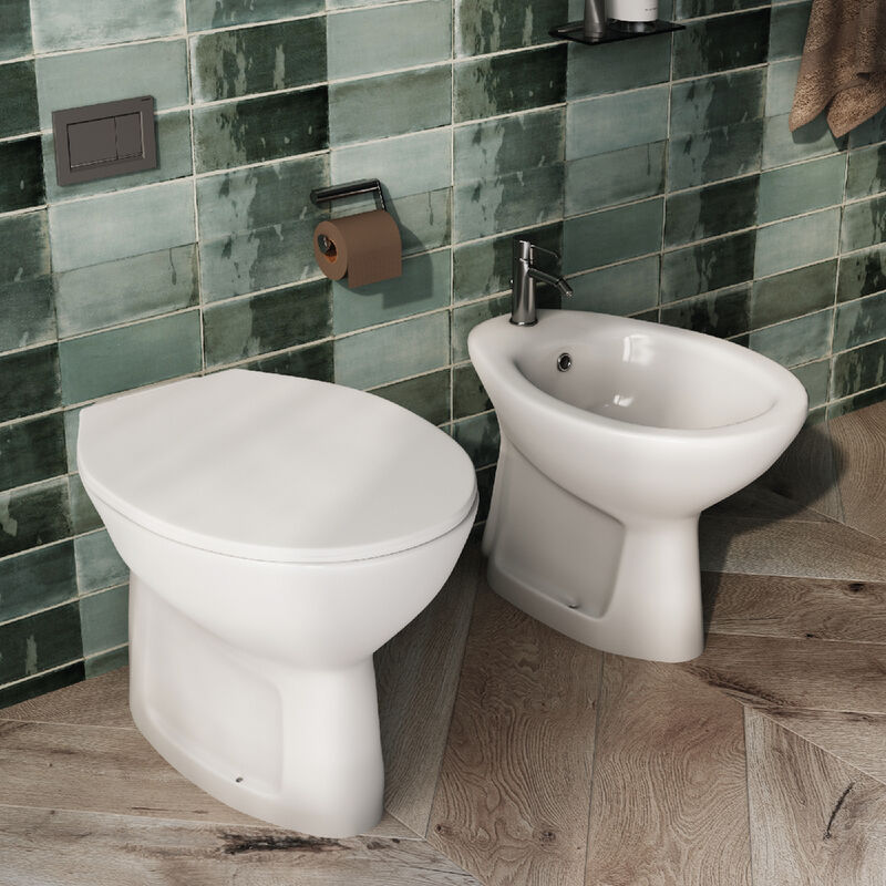 Sanitari bagno Bidet e Vaso WC RIMLESS in ceramica con sedile coprivaso scarico a pavimento SIGMA