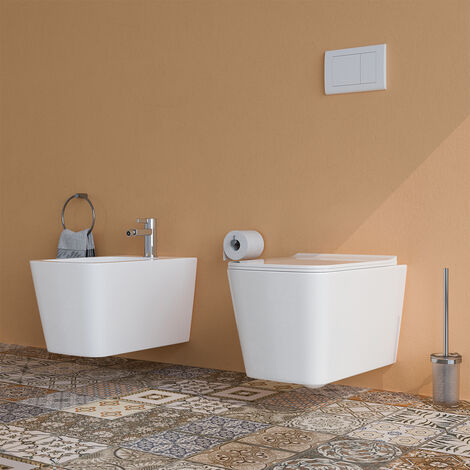 Sanitari bagno Bidet e Vaso WC SOSPESI filomuro RIMLESS in ceramica con sedile coprivaso softclose - staffe incluse CUBE