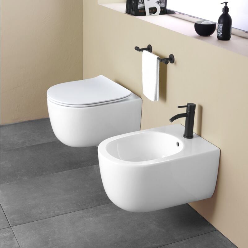 Image of Sanitari bagno Bidet e Vaso wc sospesi rimless scarico vortice coprivaso softclose Fila