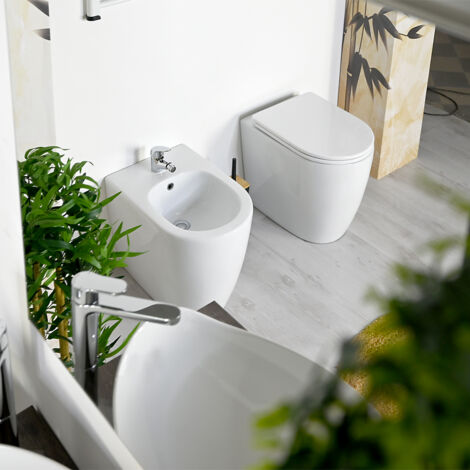 Sanitari Bagno Rimless moderni filo parete Easy Bath 36x52 (WC + BIDET+COPRIWATER)